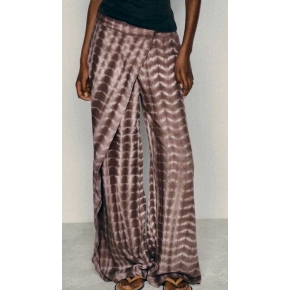 Zara Women Linen Blend Tie Dye Wide Leg Pants Brown Shibori Boho Trousers Size S